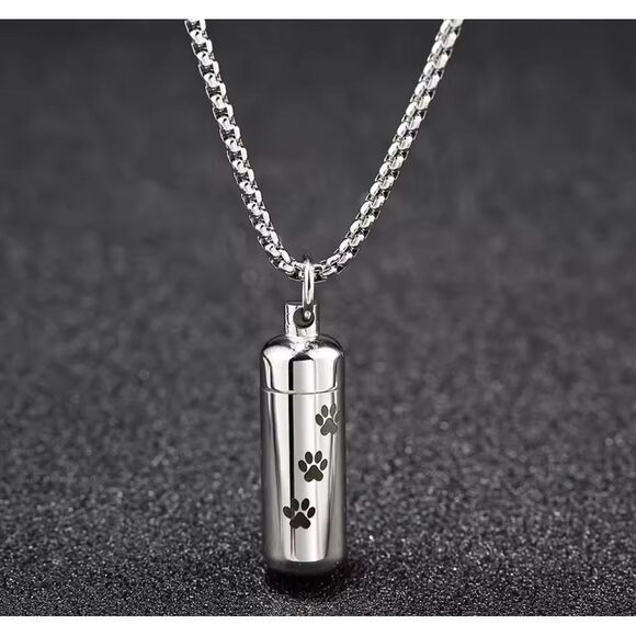 Pet Memorial Cremation Urn Necklace Paw Print Cylinder Pendant Silver Chain, 22" - Picture 8 of 10